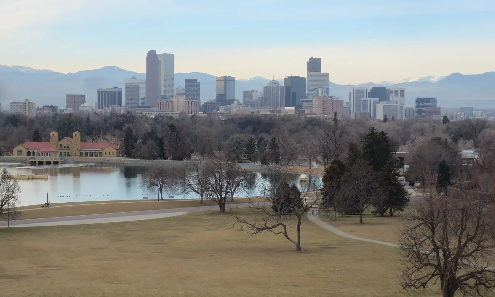 Downtown Denver skyline over City Park and Ferril Lake